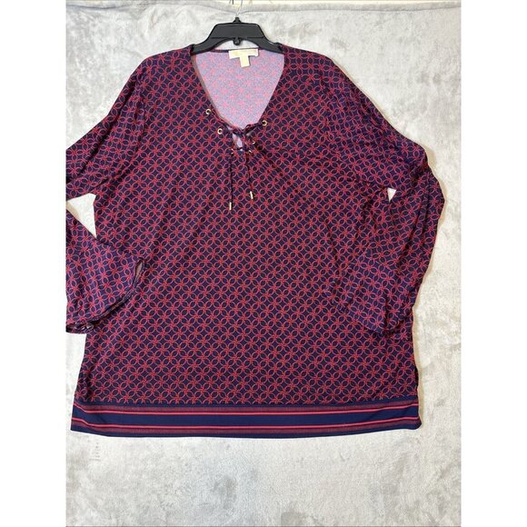 Michael Kors Plus Size 3X Lace Up V-Neck Tunic Blouse Geometric Print - Picture 6 of 11